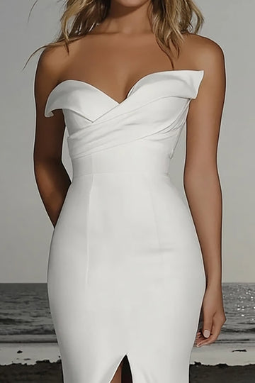 Robe de mariée sirène ivoire à épaules dénudées en satin avec fente